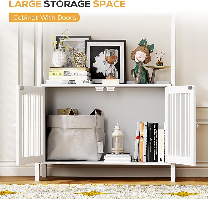 Bookcase with Drawers, 4-Tier Bamboo Bookshelf Ladder Shelf with 6 Hooks, Tall Narrow Retro Book Shelf, 24.8"L x 10.6"W x 59.5"H, Standing Storage Organizer for Living Room, Office, Bedroom, White