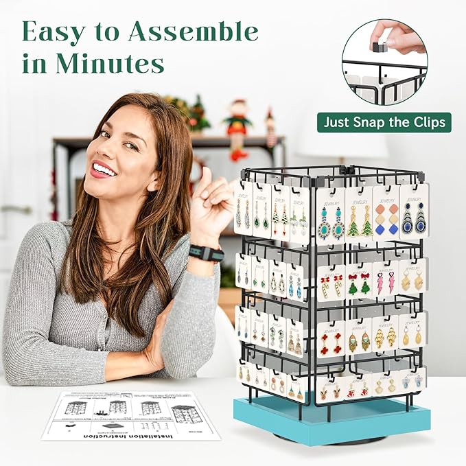 EsLuker.ly Rotating Earring Display Holder Stand for Vendors Events Selling, Large Capacity 64 Hooks Jewelry Rack with Wooden Base for Earring Card Sales, Enhances Retail Visibility (Blue)