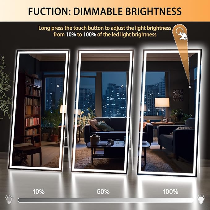 Hasipu Full Length Mirror with Lights, 75" x 28" LED Lighted Floor Standing, Full Body Dressing Hanging Mounted Mirror, Dimmable, Tempered Glass, Safe to Use, Square White