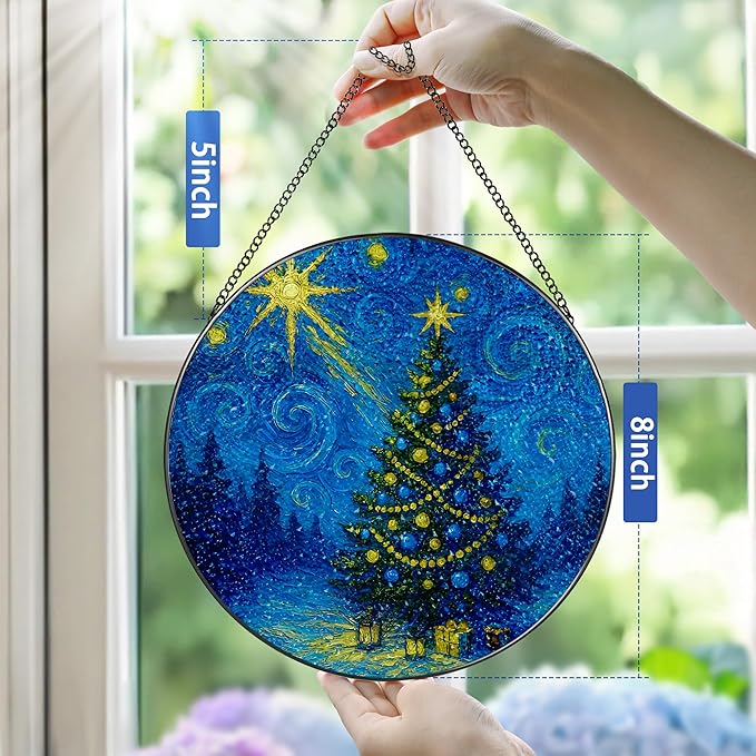 8-Inch Starry Night Christmas Tree Stained Glass Window Hanging & Ornament: Stained Glass Suncatcher Ornament, Sun Catcher Window Decor – Gifts for Christmas, Holiday Present, Gift Exchange, Gift Idea