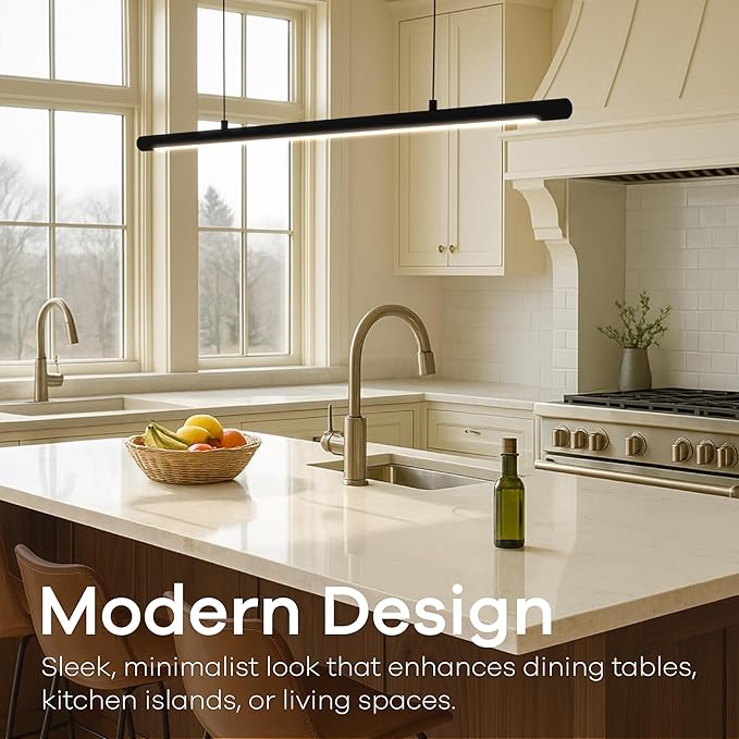 LED Linear Pendant Light, Office Light, Flicker-Free, Dimmable, Modern Ceiling Lighting for Bedroom Dining Room Table, 20W 3000K Warm Light 47.2" Black