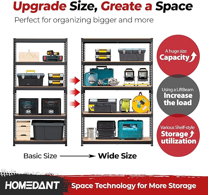 HOMEDANT 5 Tier Storage Shelves Adjustable Laminated Boltless Garage Metal Shelving Unit Heavy Duty Utility Rack Shelf Warehouse Pantry Closet Kitchen (4, (XL Deep) 48.1" W, Black)