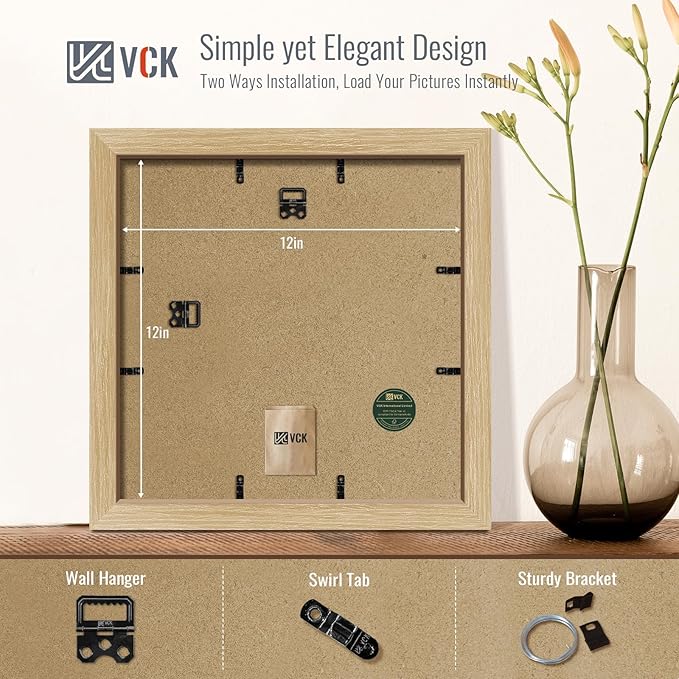 VCK 12x12 Picture Frame 5 Pack - Natural Oak, High-End Wood Poster Frames with Tempered Glass, Display 8x8 Photo with Mat or 12x12 without Mat, Art Gallery-Quality, Wall Hanging, Natural Oak