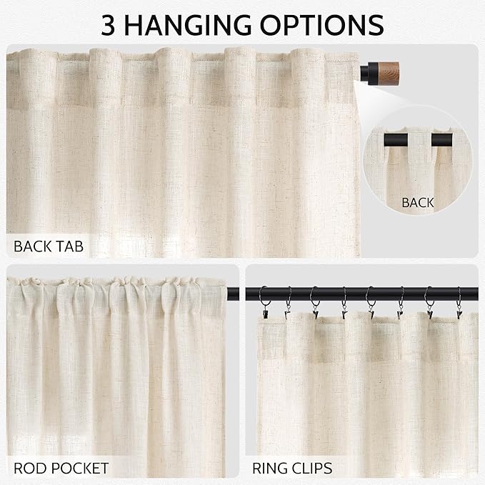 Nanspring Natural Linen Curtains 80 Inch Length for Living Room Country Light Filtering Semi Sheer Curtains Farmhouse Decor Curtain for Bedroom Back Tab and Rod Pocket 52x80, 2 Panels