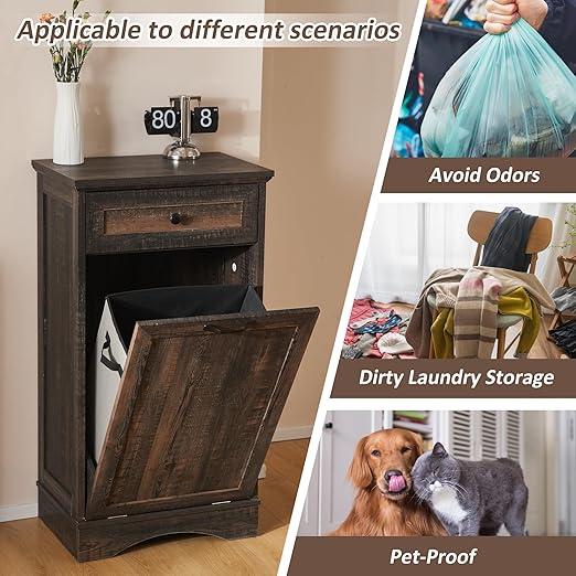 13 Gallons Tilt Out Trash Cabinet Freestanding Kitchen Trash Bin Cabinet Wood Garbage Recycling Cabinet with Hideaway Drawer Pet Proof Trash Can Holder for Kitchen Living Room, Rustic Brown