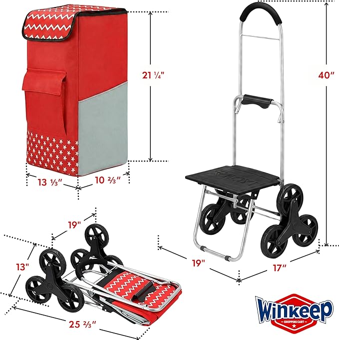 Shopping Cart, Super Loading Stair Climber 220 lbs Capacity Grocery Foldable Cart with Extra Large Shopping Bag Laundry Utility Cart with Adjustable Bungee Cord, red
