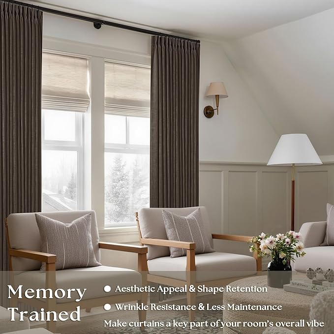 Dark Chocolate Pinch Pleated Linen Curtains 2 Panels for Living Room Bedroom Memory Training Shaped Semi Sheer Pleat Drapes with Hooks Rings Light Filtering Window Curtain 40x108