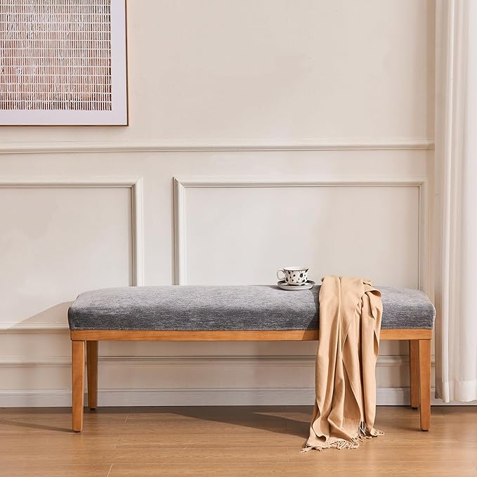 Rowill 53 Inch Long Entryway Bench for Bedroom End of Bed, Dining Room Bench with Upholstered Padded Seat and Solid Wood Leg for Kitchen, Living Room, Indoor and Hallway, Gray