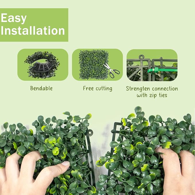 Grass Wall Panels, 20x20Inch 12Pcs UV-Anti Boxwood Greenery Panels with 50 Zip Ties, No Fade Artificial GrassWall Backdrop for Indoor Outdoor Privacy, Birthday Wedding Decor, Home Kitchen Decor