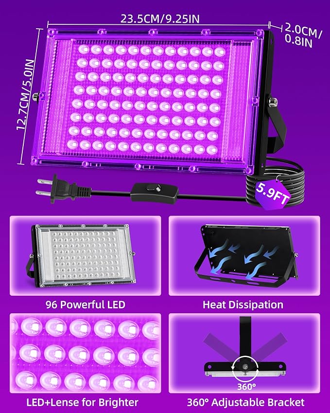 100W LED Black Lights IP66 Waterproof Black Light Outdoor with 5.9ft Plug+Switch,Flood Blacklight for Halloween Glow in The Dark Party Stage Light Neon Glow Birthday 2 Pack