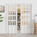 97-120 x 80in (Double 49-60) Accordion Doors Interior Folding Door, 4 Frosted Acrylic Glass White PVC Accordion Door with Upgraded Roller & Handle& Complete Hardware for Closet Bathroom Doorways