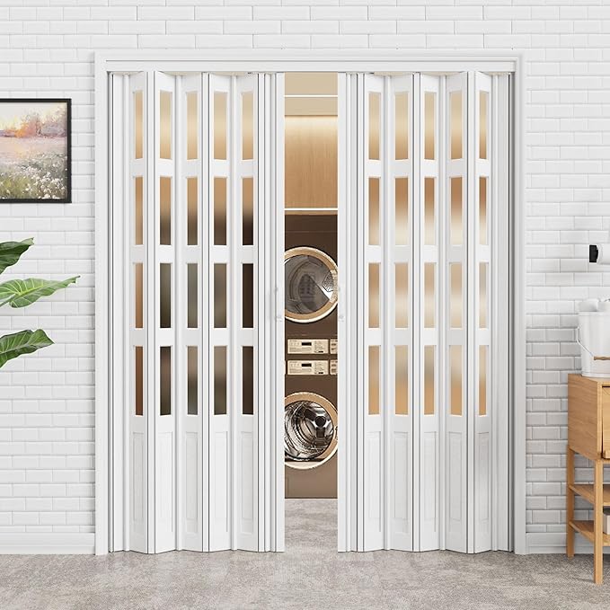 61-72 x 80in (Double 24-36) Accordion Doors Interior Folding Door, 4 Frosted Acrylic Glass White PVC Accordion Door with Upgraded Roller & Handle& Complete Hardware for Closet Bathroom Doorways