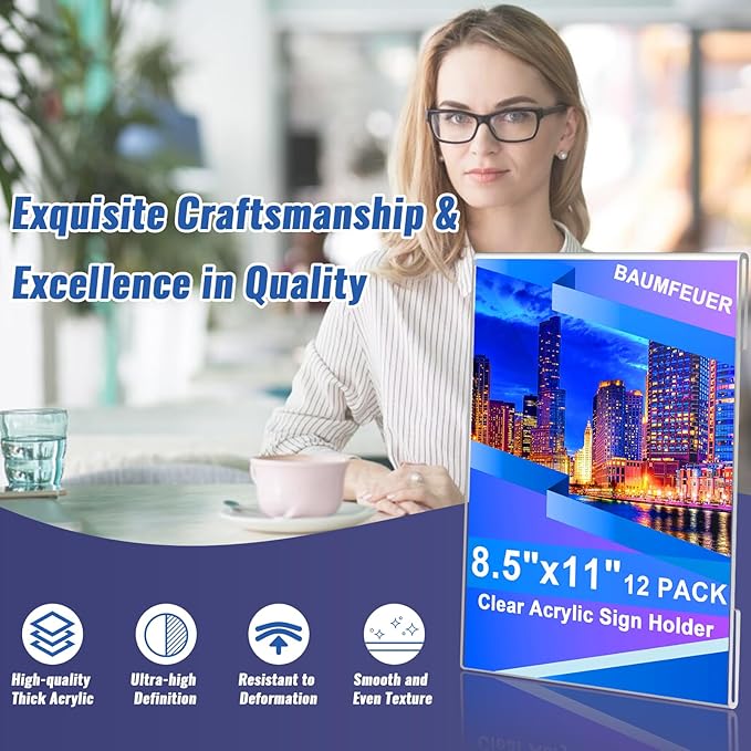 12 Pack Acrylic Sign Holder 8.5 x 11, Clear Plastic Wall Sign Holder with Adhesive Tape Wall Mount Display Stand Paper Holder for Menu, Office, Home, Store, Restaurant No Drilling Needed