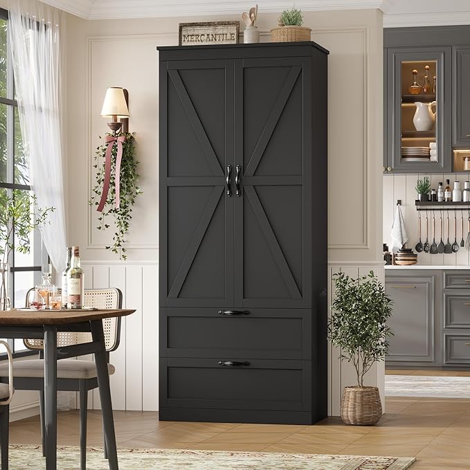 HOSTACK 70" Tall Kitchen Pantry Storage, Barn Doors Pantry Cabinet with Drawers and Adjustable Shelf, Modern Farmhouse Storage Cabinet for Kitchen, Dining Room, Living Room, Bathroom, Black