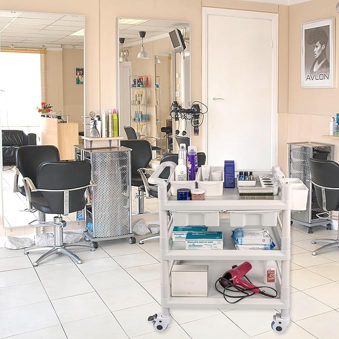 Medical Mobile Trolley Cart 3 Tier 500 Lbs Spacious Beauty Salon Rolling Trolley with Dirt Buckets Drawers 360°Rotate Wheels Heavy Duty Medical Utility Cart for Hospital Dental Clinic