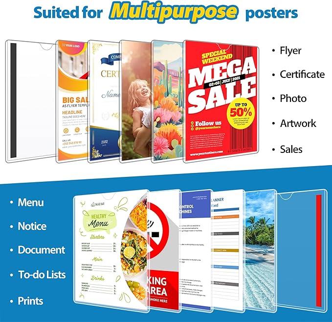 20 Pack Wall Sign Holder 8.5x11 Magnetic Plastic Sign Holder with Magnetic and Adhesive Tapes, Adhesive Clear Display Sign Frame for Fridge, Metal, Wall, Door, Document Protectors Holders