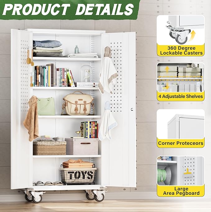 Greenvelly Metal Garage Cabinets with Wheels, 72" Rolling Storage Cabinet with Pegboards and Shelves, Tall Tool Cabinet with Locking Doors for Garage,Home Office,Warehouse(White)