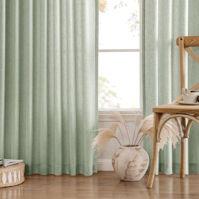 MIULEE Non-See-Through Privacy Linen Curtains 2 Panels, Light Filtering Window Curtains Farnhouse Textured Back Tab Semi Sheer Drapes for Bedroom Living Room, 52 x 108 Inches Long, Sage Green