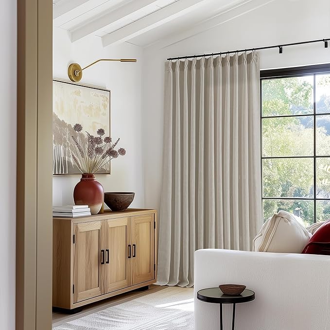 Taupe Burlywood Pinch Pleat Linen Curtains 102 Inches Long 70 Inch Wide for Patio Sliding Door Light Filtering Semi Sheer Pleated Drapes Back Tab Extra Wide 70 x 102 Curtain for Living Dining Room