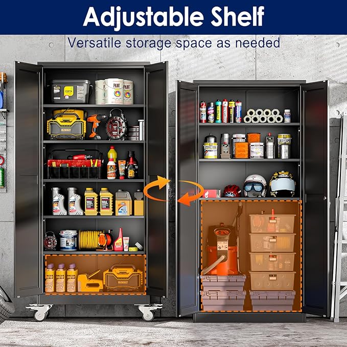 75" H Metal Garage Storage Cabinet, Rolling Tool Cabinet with 2 Doors and Wheels, Locker Steel Cabinet with 5 Adjustable Shelves, Organization Cabinet for Garage,Office,Home,Gym,School（Black）