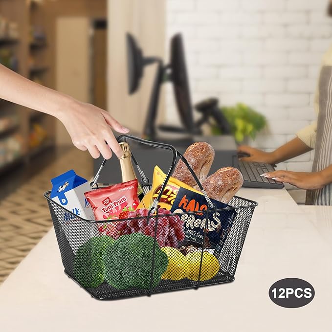 12PCs 19L Iron Shopping Baskets with Handles, Black Wire Mesh shopping Basket Store Baskets Used for Supermarket, Retail, Bookstore, 15.7x12x7inch, Capacity: 10kg/22lbs