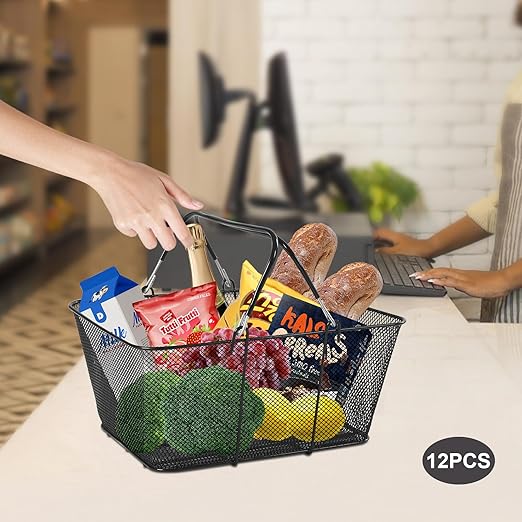 12Pcs Metal Shopping Baskets, Stackable Shopping Cart with Handles, Portable Grocery Basket for Supermarket, Store, Home Storage, Black