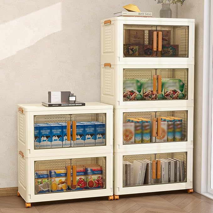 Plastic Stackable Storage Bins with Lids and Wheels, 179.2QT-89.6QT*2Tier Foldable Closet Organizers and Containers, Collapsible Clear Drawer Storage Cabinet with Doors Ivory White