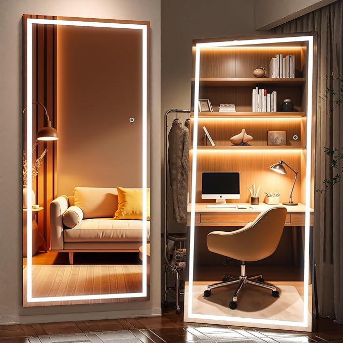 Full Length Mirror with Lights, 79" x 36" Large LED Lighted Floor Standing Body Mirror, Dimmable & 3 Color Lighting for Bedroom, Cloakroom, Dressing Room, Tempered Glass, Square Black