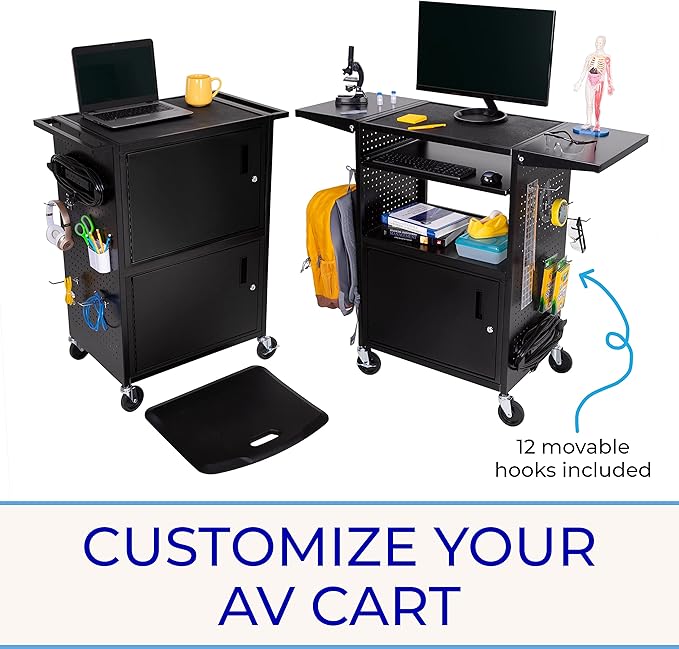Line Leader Stellar AV Cart - Computer Cart with Customizable Pegboard & Hooks, Locking Cabinet and Tray, UL Certified Power, Mobile Workstation with Locking Wheels, Ideal for Laptop & Charger Storage