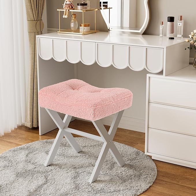 18-Inch Vanity Stool Chair, Vanity Bench with Metal X-Legs, Ottoman Accent Stool with Breathable and Soft Boucle Fabric Saddle Seat, Pink