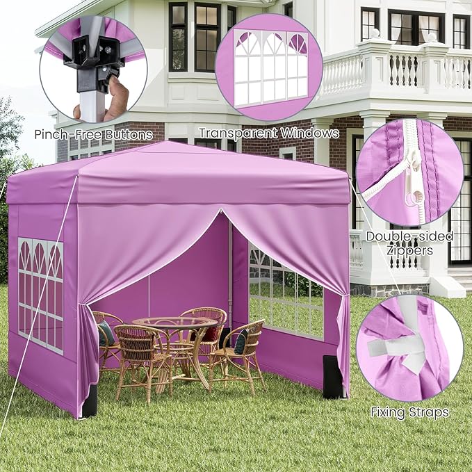 Tangkula 10x10 FT Pop Up Canopy, Outdoor Canopy Tent with 2 Removable Sidewalls & 2 Zippered Doors, Heavy-Duty Carbon Steel Frame, Wheeled Bag, 4 Sandbags, 8 Stakes, 4 Wind Ropes for Party Event
