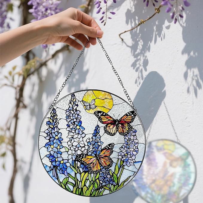 Stained Glass Window Hanging, 8 Inch Lavender & Butterfly Sun Catcher Decor, Stained Glass Ornament, Suncatchers for Windows Hanging, Window Decor, Gifts for Butterfly Lovers, Flower Lovers Gifts