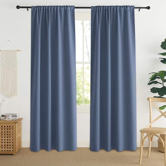 PONY DANCE Blackout Curtains for Bedroom 90 inches Long 2 Panels Set, Thermal Insulated Rod Pocket Black Out Window Drapes, Noise Reducing Window Treatment for Living Room(W42 x L90 inch, Stone Blue)