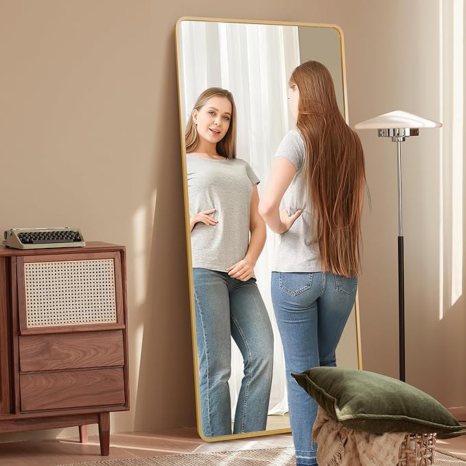 Full Length Mirror with Stand, 71"x31" Floor Mirror, Aluminum Alloy Gold Thin Frame - Freestanding/Leaning/Wall Mount for Bedroom, Living Room & Entryway (Gold)