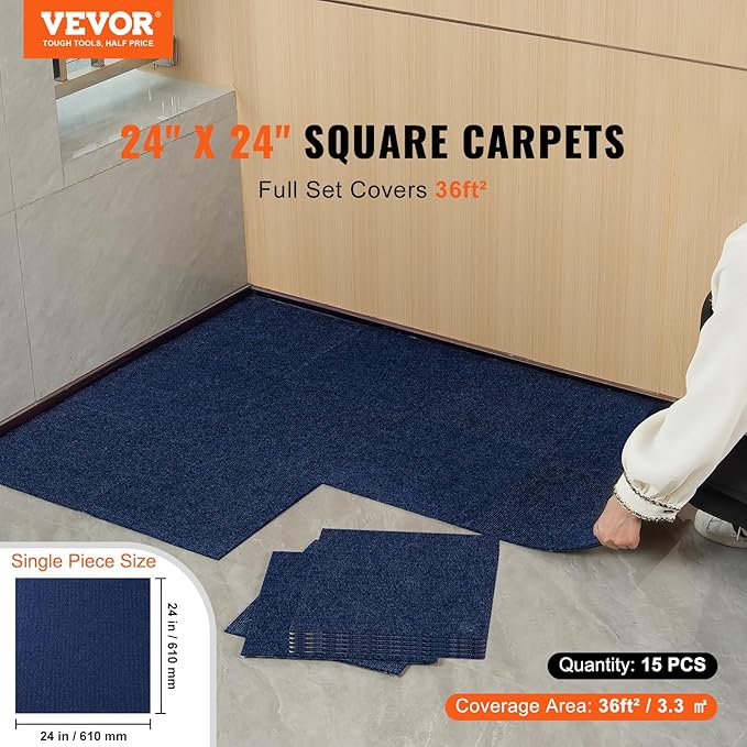 VEVOR 24 x 24 Peel and Stick Carpet Tiles Squares with Self Adhesive & Soft Padded for Indoor Outdoor Kitchen Living Room Bedrooms - Pack of 15/60 sq ft