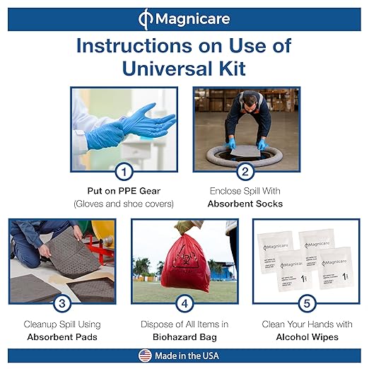 Universal Spill Kit OSHA Approved - Biohazard Clean up Kit for Oil, Water & Chemicals | 15 Absorbent Pads, 2 Socks, PPE, Biohazard Bags in Bright Orange Duffel Bag