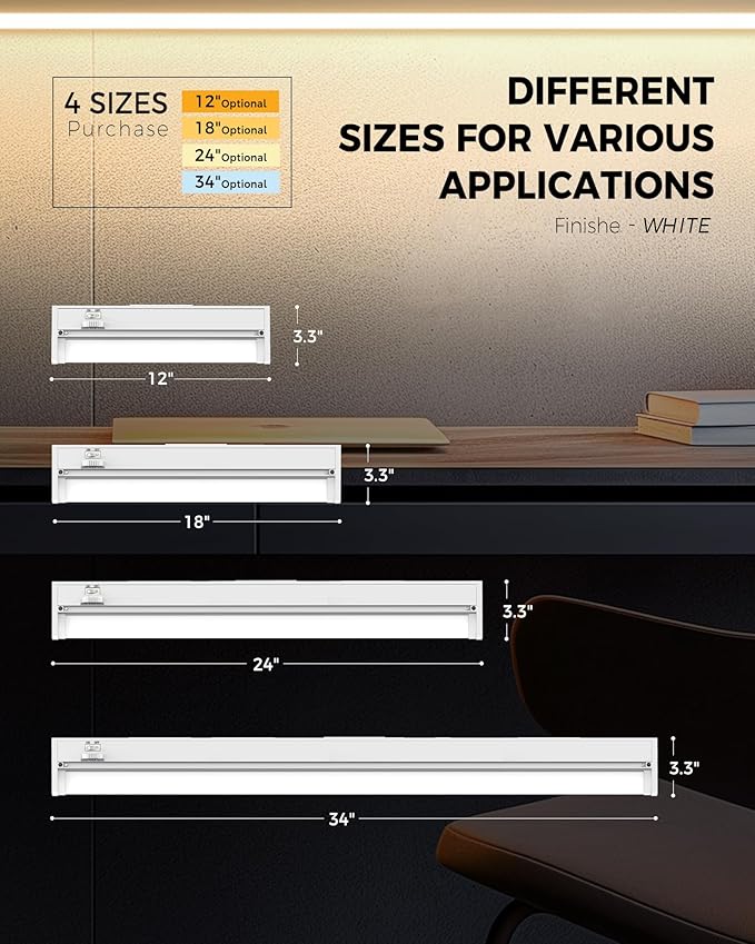 2 Pack 12" Under Cabinet Lighting for Kitchen, 8W 600LM, 3 Color Temperatures (3000K/4000K/5000K), Hardwired or Plug-in, 45° Rotatable Design, Linkable Up to 15 Units, YT-4208-10-2