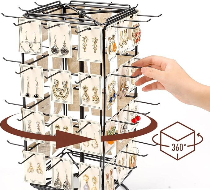 360 Rotating Earring Display Stands for Selling, 4 Tier Metal Earring Rack Holder Stand, Jewelry Display for Selling Earring Cards, Bracelets, Necklaces, KeyChains, Hair Accessories (48 Hooks)