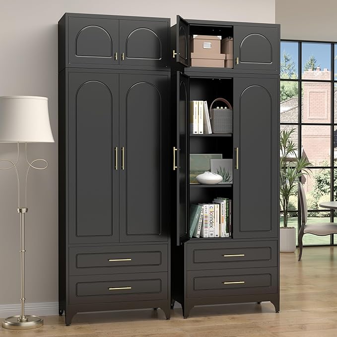 Kitchen Pantry Cabinet，90" Storage Cabinets with Doors and Shelves,Metal Pantry Cabinet with 2 Drawers,White Kitchen Cupboard for Livingroom,Pantry, Bathroom