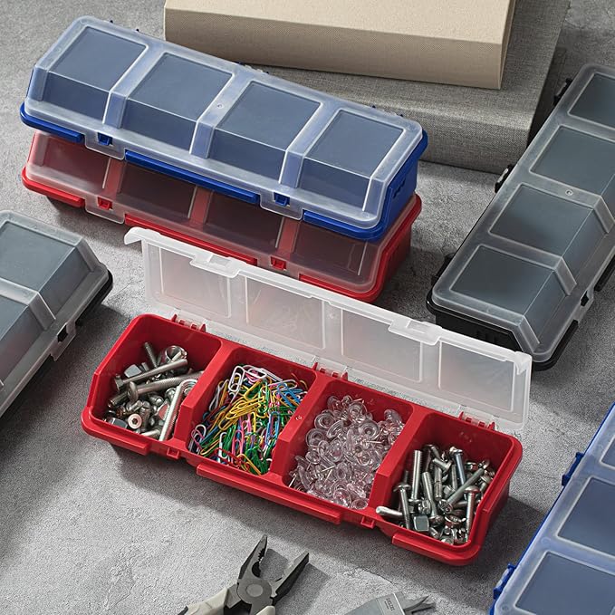 Hushee 6 Pcs Screw Organizer Box with Lid 4 Compartments Tool Bin Divider Plastic Stackable Hardware Organizer Small Part Storage Sorting Screw Box for Garage Workbench Craft Storage (Blue,Red,Black)