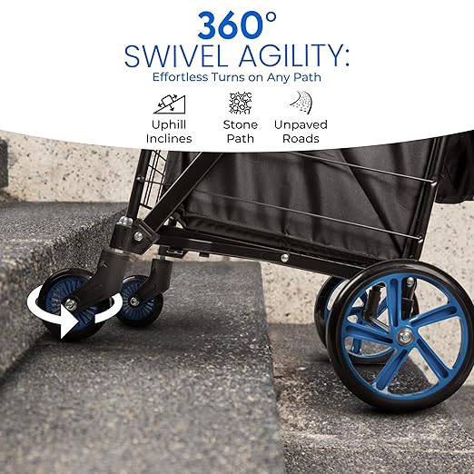 SereneLife Large Folding Utility Shopping Cart with Removable Liner – Heavy Duty, 360° Swivel Wheels, 110 lb Capacity, Portable for Groceries, Laundry, Luggage, and More (Blue)