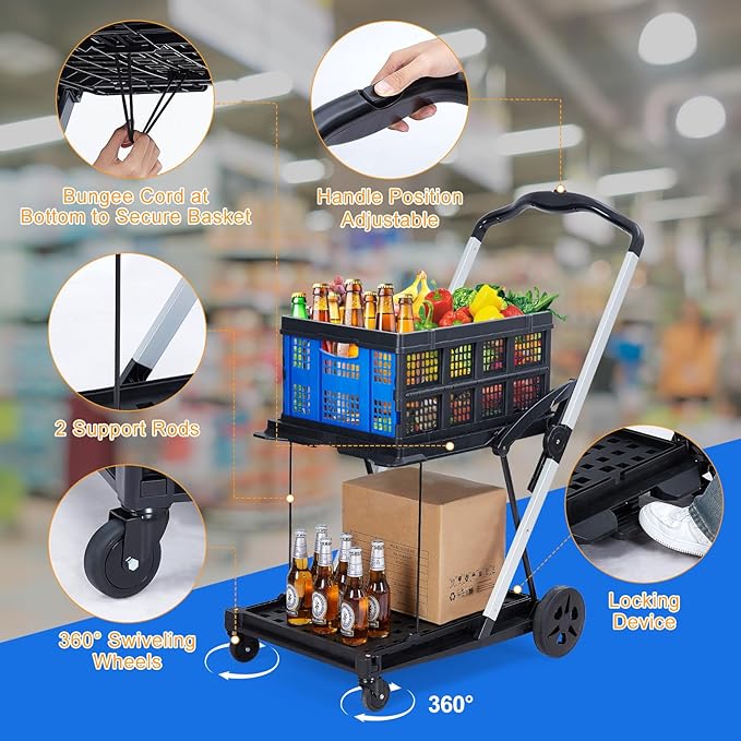 2-Tier Collapsible Shopping Cart, Foldable Grocery Cart with 198 lb Capacity, Wheels & Removable Crate, Portable Utility Trolley for Home, Groceries, Supermarket, Mall, Market, Blue