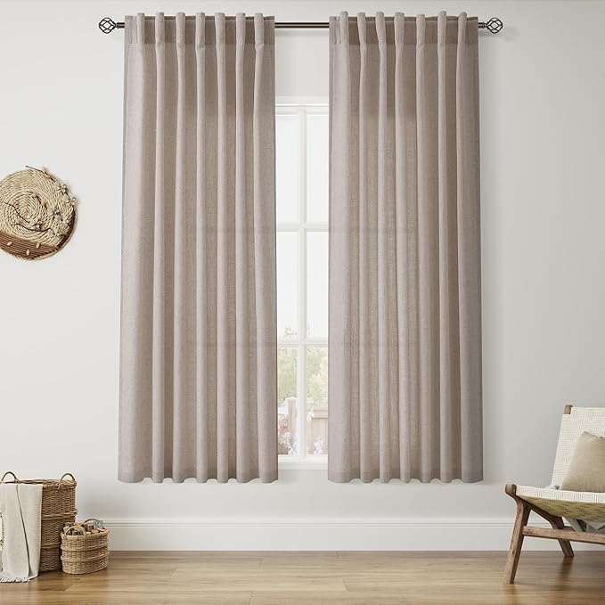 Nanspring Ecru 63 Inch Curtains for Living Room Linen Blend Luxury Light Filtering Semi Sheer Curtain Back Tab Rustic Decor Natural Farmhouse Elegant Boho Drapes for Bedroom 52x63, 2 Panels