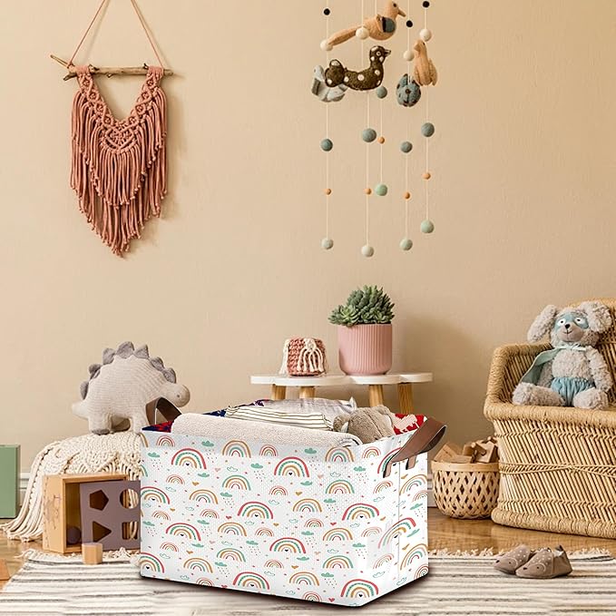 Rainbow Colors Storage Basket Large 17x11.5x10.5 Inche-Collapsible Fabric Organizer Bin with Handles for Kids Room, Nursery, Playroom-Foldable Decorative Hamper with Multicolor Arc Design-Single Pack