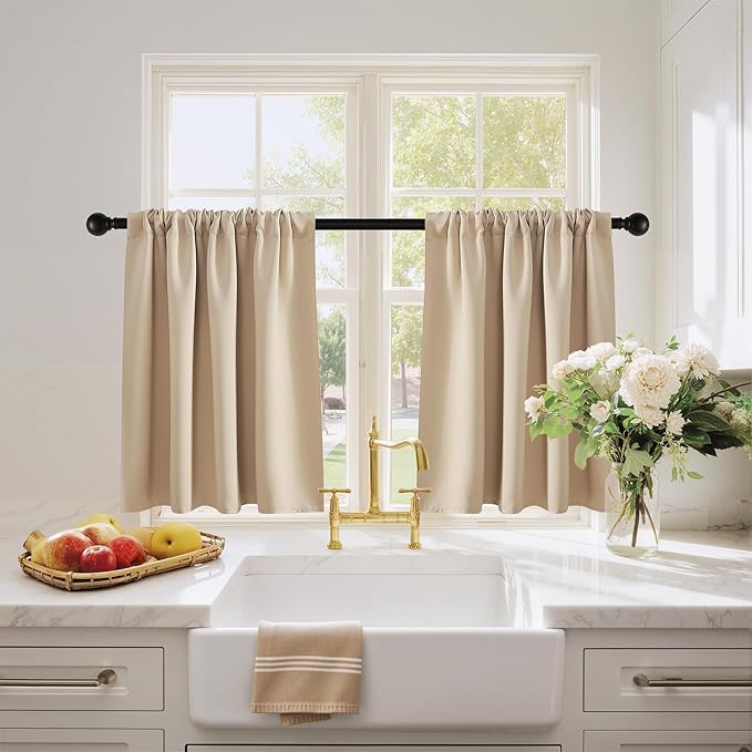 PONY DANCE Kitchen Window Curtains for Bathroom - Solid Light Block Privacy Drapes for Kitchen Cabinet Bedroom Cafe Window Decor, W 29 x L 24, Biscotti Beige,2 PCS