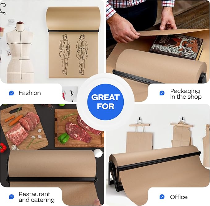 IDL Packaging 48" Kraft Paper Roll Dispenser & Cutter for Rolls up to 48" Wide and 9" in Diameter - Tabletop Reinforced Steel Paper Holder with a Cutter for Kraft, Butcher and Freezer Papers