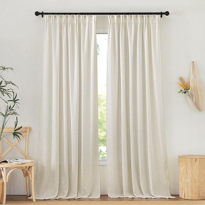 NICETOWN Thick Linen Curtains for Living Room 2 Panels Set, Back Tab/Rod Pocket with Pleat Tape Privacy Added with Light Filtering Window Treatments for Farmhouse/Bedroom, Natural, W52 x L84