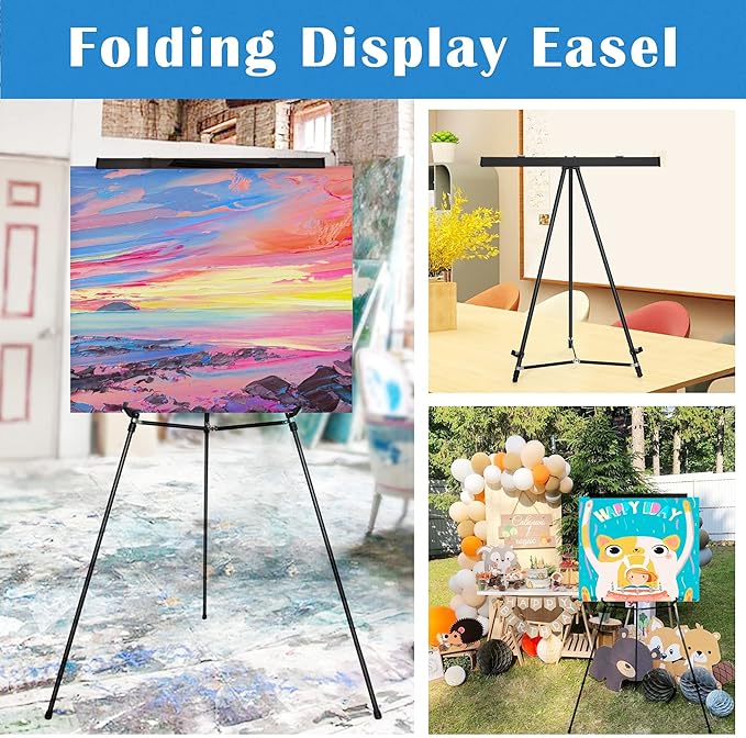 Falling in Art Aluminum Flip Chart Display Easel Stand with Adjustable Floor for Boardroom, Whiteboard, Paper Pads, Signage, 63 1/2'' High, Black,2 Pack
