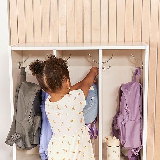 ECR4Kids Streamline 3-Section Toddler Coat Locker with Bench, Kids Furniture, White Wash