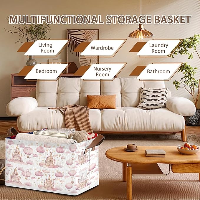 Desert Bloom Storage Basket Large 17x11.5x10.5 Inche-Collapsible Fabric Organizer Bin with Handles for Southwest Decor, Nursery, Boho Style-Decorative Hamper with Succulent & Flower Design-Single Pack
